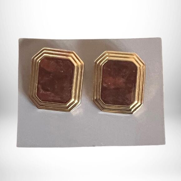 1985 Park Avenue Avon Earrings - Marbled Jade and Bordeaux with Gold Trim  - NIB - Picture 2 of 5